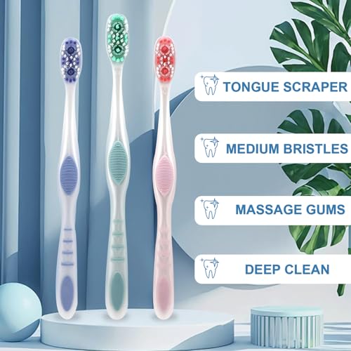 Medium Toothbrushes for Adults with Tongue Scraper, 6 Pack - Product Imagery