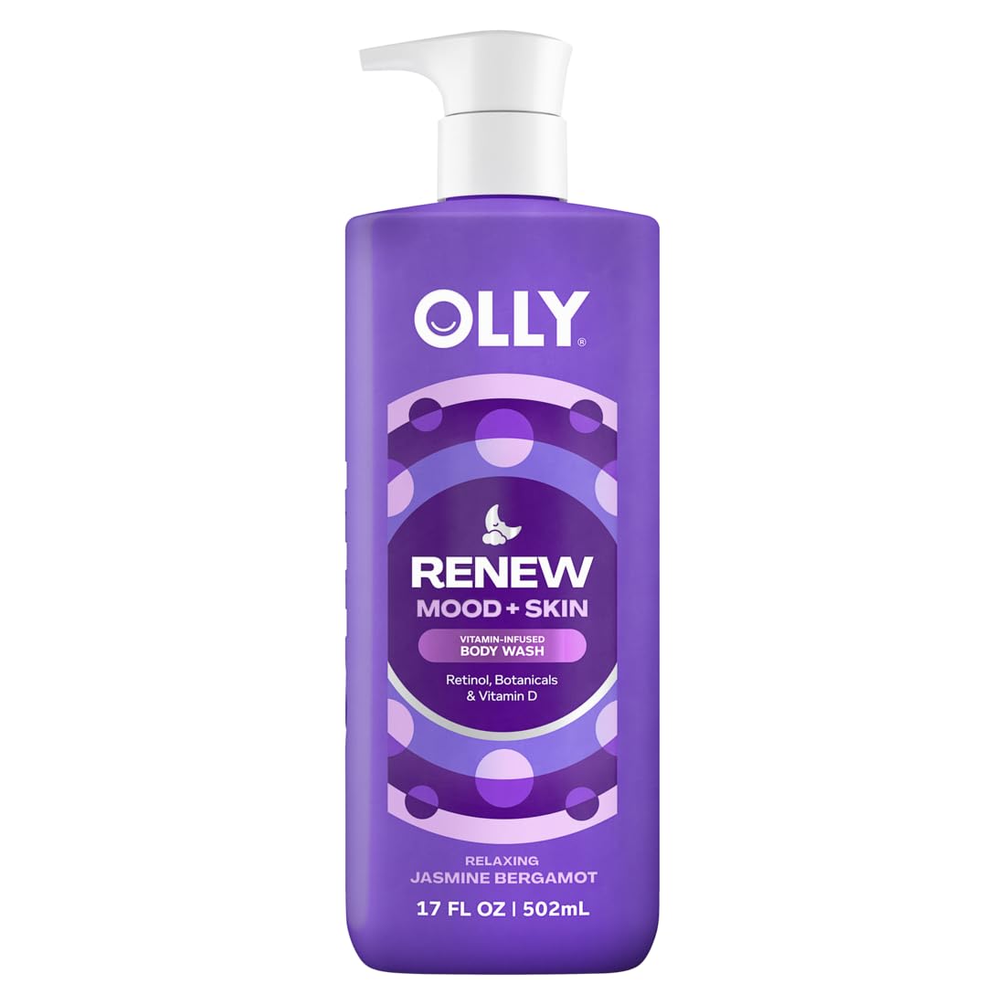 OLLY Renew Body Wash with Vitamin D, Retinol and botanicals in a 17oz bottle, skin cleaning agent with nourishing ingredients.