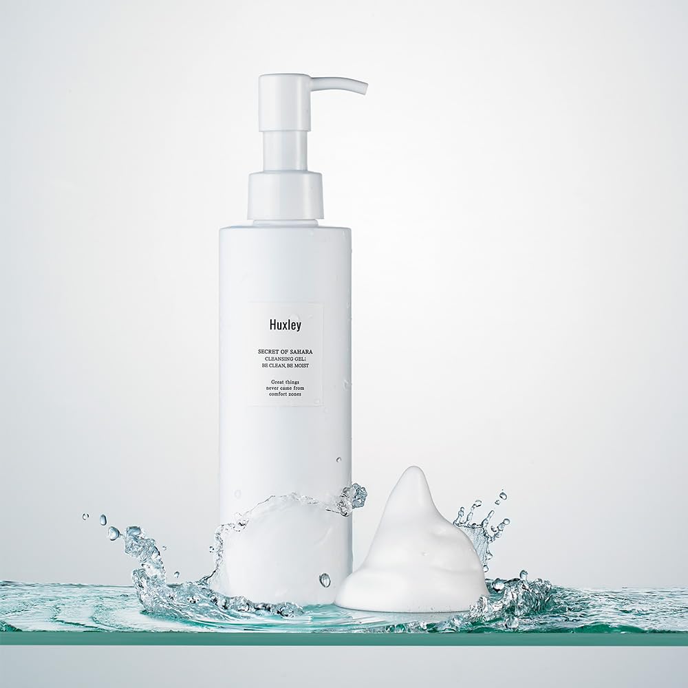 Huxley Secret of Sahara gel cleanser for face, a hydrating Korean gel-to-foam facial wash in a 200mL bottle.