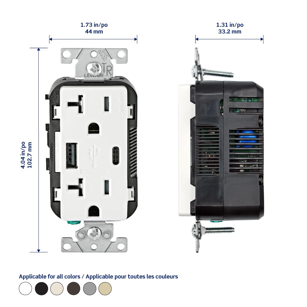 Leviton Type A & Type-C USB in-Wall Charger with 20A Tamper-Resistant Outlet, USB Charger for Smartphones and Tablets. N