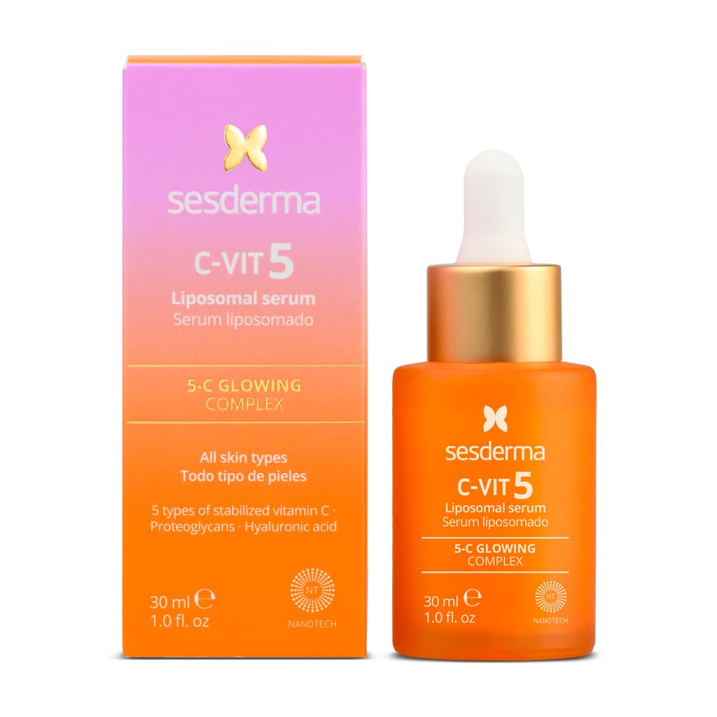 Sesderma C-VIT 5 Fusion Vitamin C serum in a dropper bottle, showcasing the skin serum with bright orange liquid and sleek packaging.