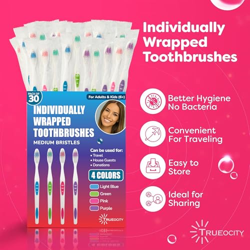 Trueocity 30 Pack Individually Wrapped Toothbrushes - Medium - Product Imagery