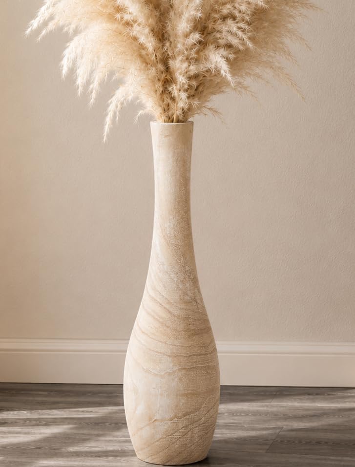 Hanobe 22" Tall Wood Floor Vase for Pampas Grass, Boho Farmhouse Style – Beige Beige Beige Matte White Dark Brown Di