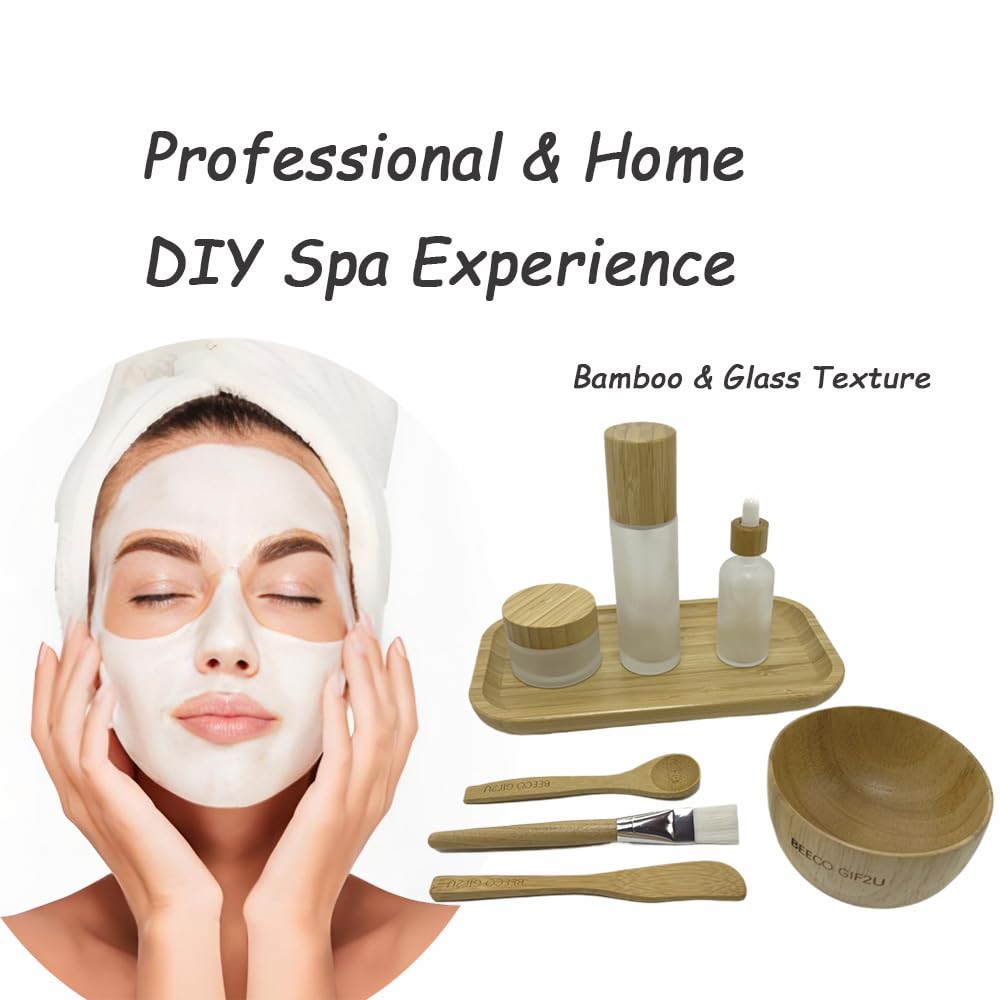 BEECO GIF2U Face Mask Mixing Bowl Set Bamboo,8 Pcs Diy Facemask Mixing Tool Kit With Facial Mask Bowl,Spatula,Spoon,Brus