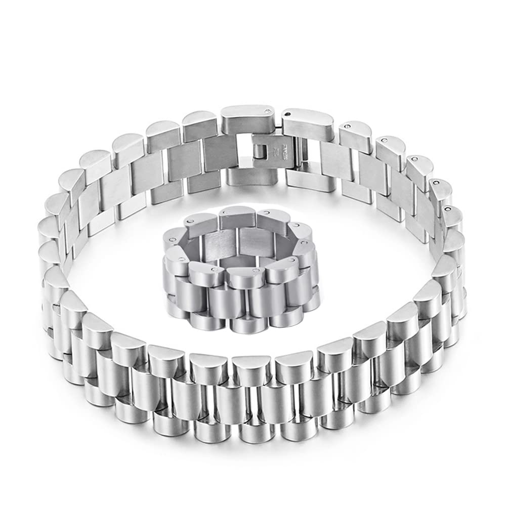 Qiaonitu 15mm Heavy Men Women Watchband Chain Bracelets Rings Set Hiphop 18K Gold Stainless Steel Watch Chain Strap Brac