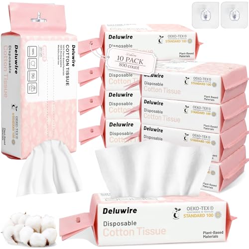 Deluwire Disposable Face Towels for All Skin, 800 Count (Pack of 10) – plain weave, Natural