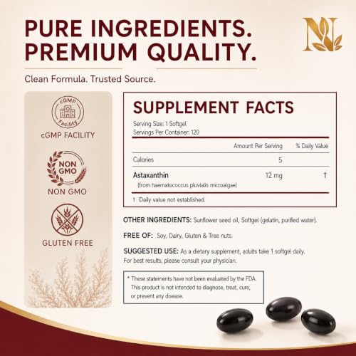 Astaxanthin 12mg Supplement 120 Softgels, Premium Natural - Product Imagery