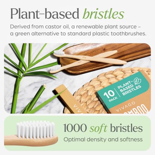 VIVAGO Bamboo Toothbrushes 10 Pack – Plant-Based Soft Bristles - Product Imagery