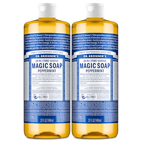 Dr. Bronner's Peppermint Pure-Castile Liquid Soap, Body Wash, 32 oz 2-Pack – Peppermint, Tea Tree