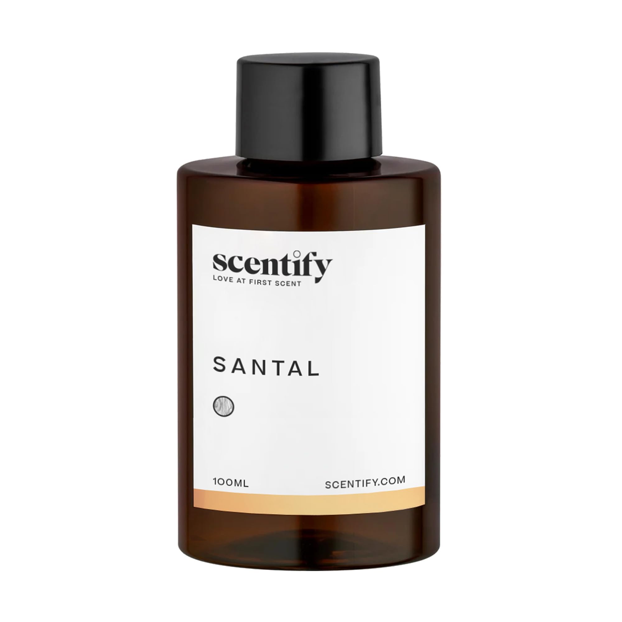 Scentify Santal aroma oil refill 100ml with iris sandalwood scent, showing a clear glass bottle with a black cap and label.