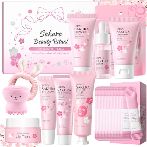 Ofanyia 29Pcs Sakura Skincare Set, Skincare for Girls 10-12, Complete Skincare Routine for Clean, Soft and Hydrated Skin