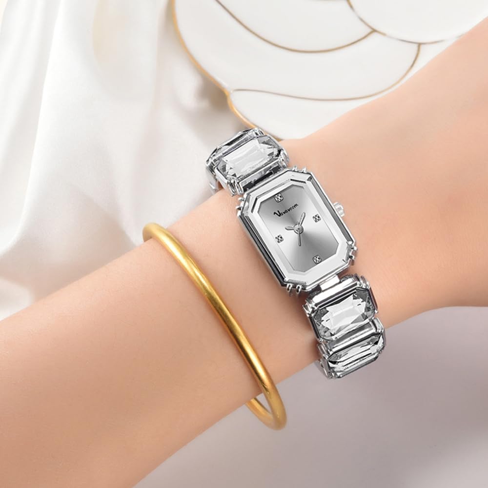 HUNRUY Luxury Womens Diamond Watch Octagonal Crystal Bracelets Wristwatch – close-up detail in Silver