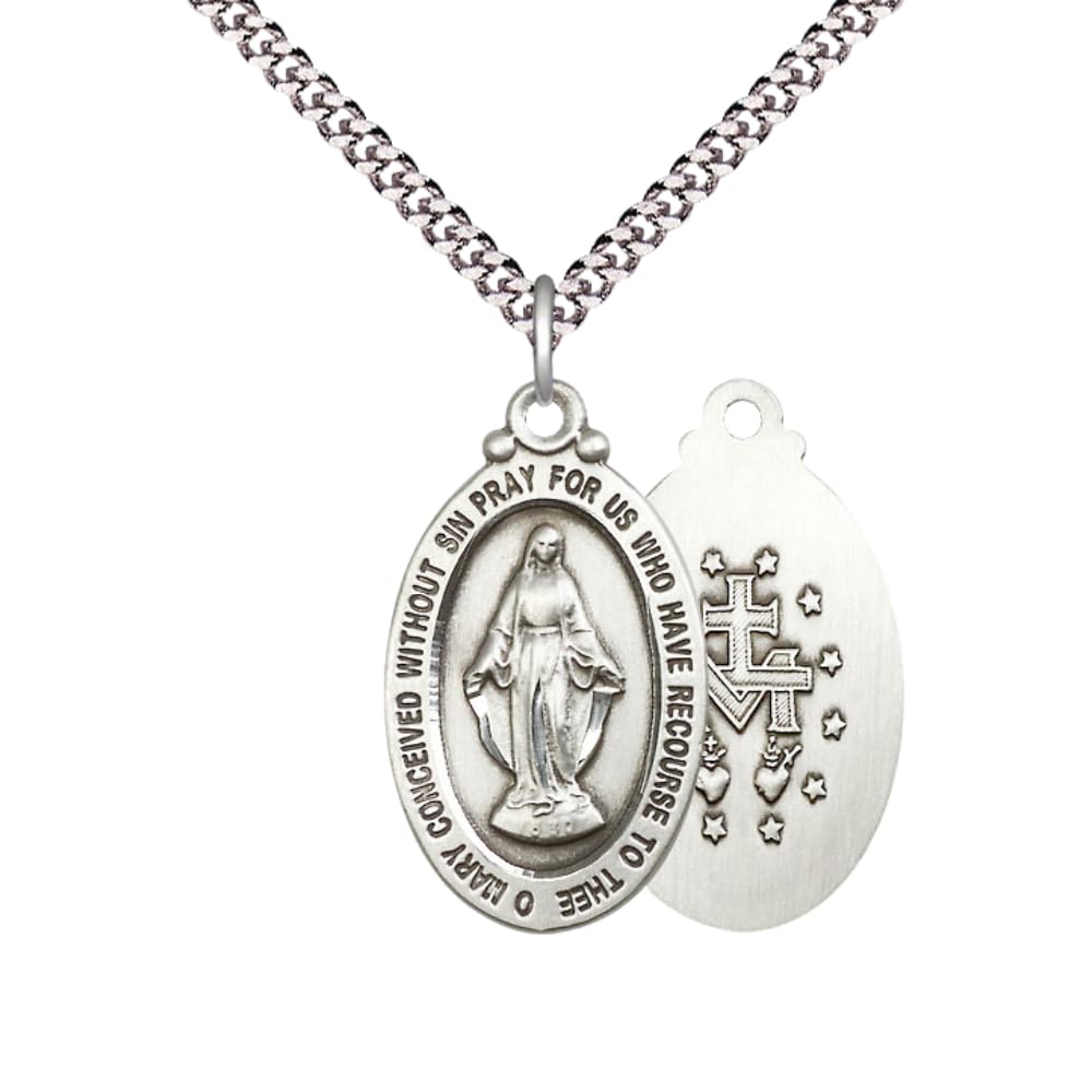 Everlasting Light Jewelry Pewter Miraculous Medal Pendant on 24 Inch - Catholic Religious Necklace Made in USA,Deluxe Ve