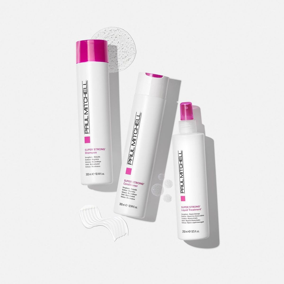 Paul Mitchell Super Strong Liquid Treatment conditioner for damaged hair, showing the 8.5 fl oz bottle with applicator tip.