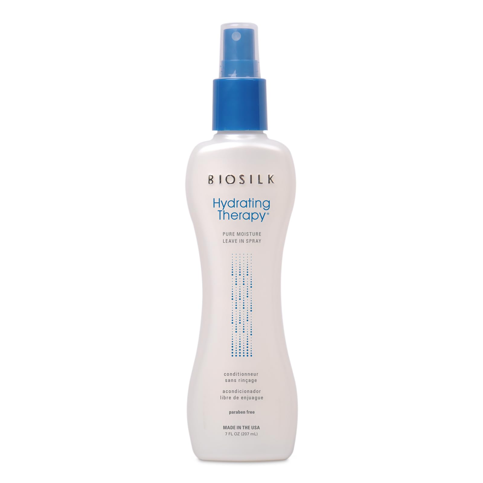 BioSilk Hydrating Therapy Pure Moisture leave-in hair spray with shiny, frizz control, moisturizing, sulfate-free, 7 oz bottle.