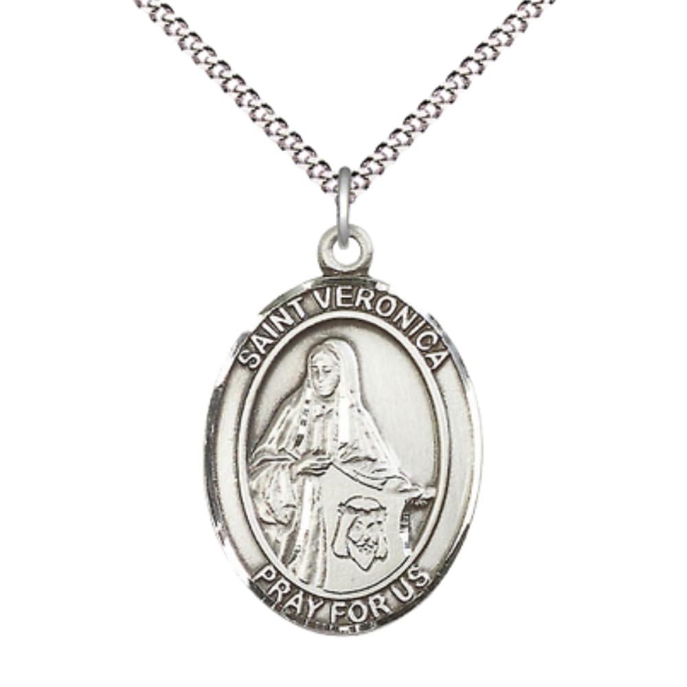 Everlasting Light Jewelry Medium St. Veronica Medal Pendant Necklace - Pewter Oval 18 Inch Chain – Pewter, Pewter, Large
