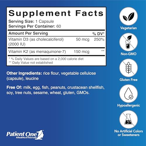 Patient One Vitamin K2 MK-7 (150 mcg) + D3 (2000 IU) | 60 - Product Imagery