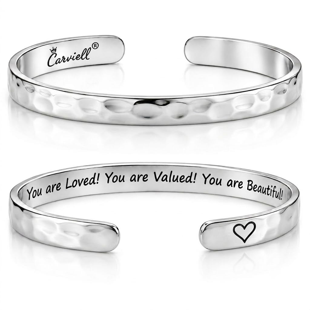Carviell Bracelets for Women – 100+ Meaningful Engraved Messages – Solid 316L Surgical Stainless Steel Cuff Bracelet – G