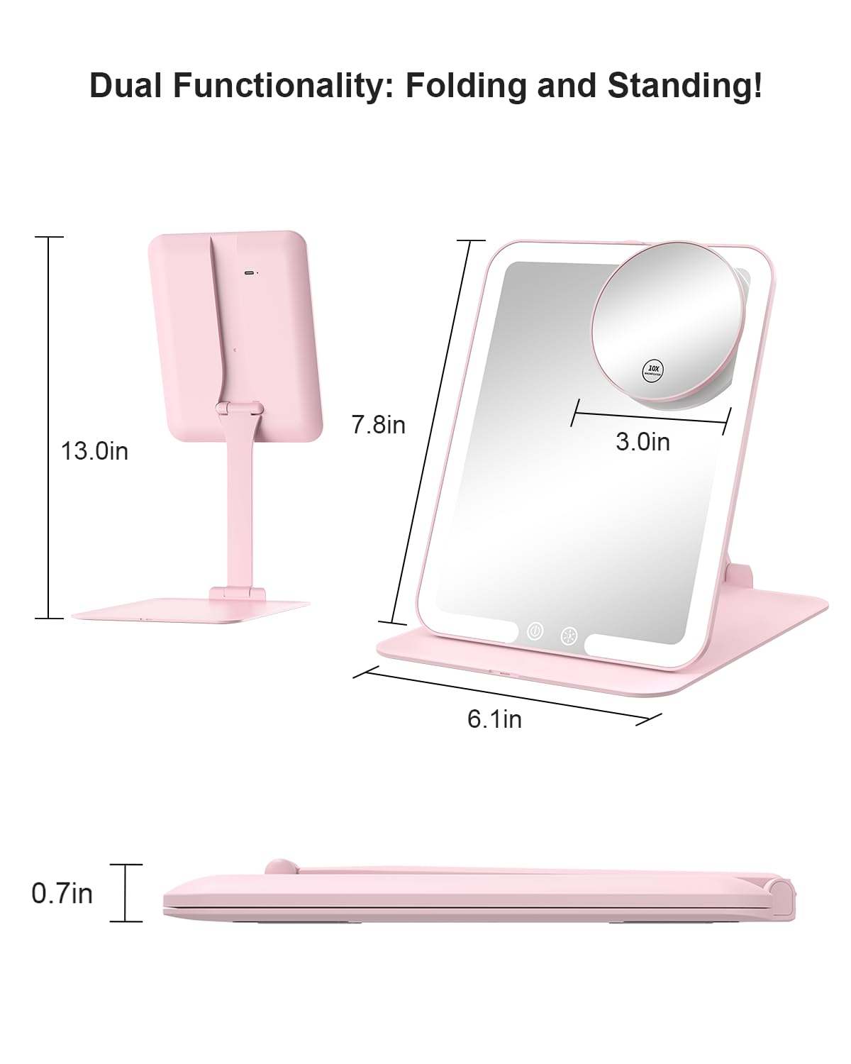 Gospire Travel Makeup Mirror with Lights and Magnification 10X, Pink – close-up detail in Pink