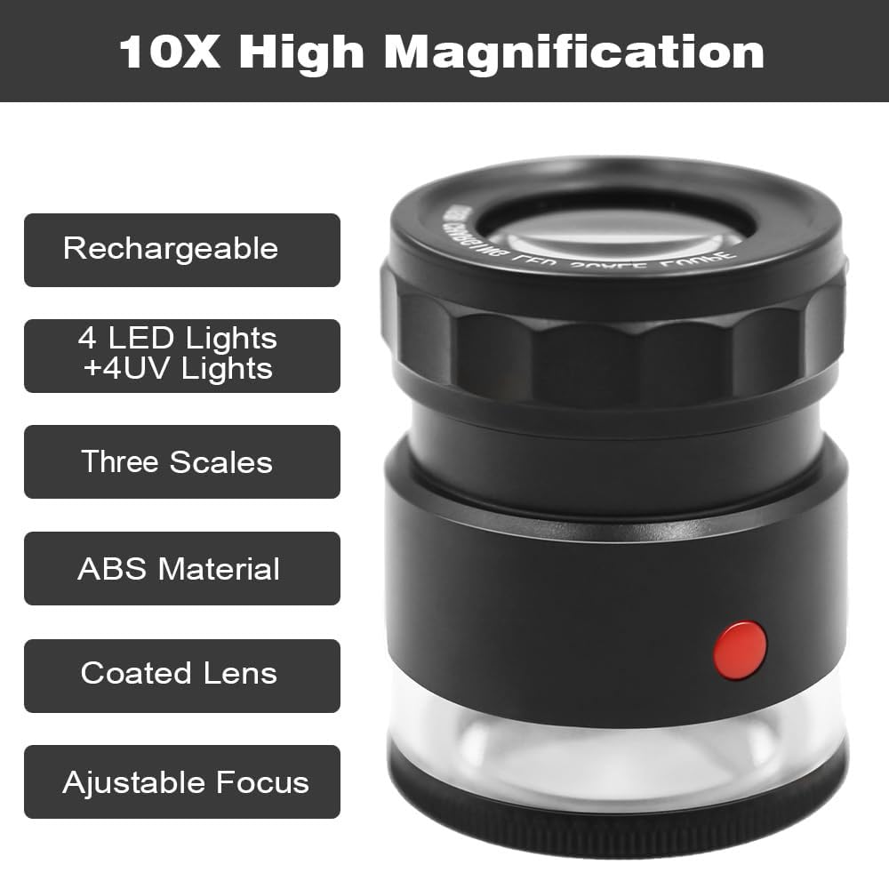 Koparneed Rechargeable Loupe 10x Jewelers Loupe Magnifier with UV and LED Lights, Led Eye Loop Adjustable Focus Jewelry 