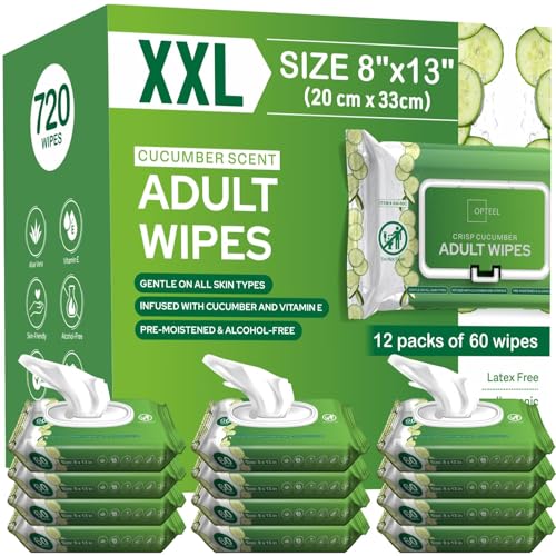 OPTEEL Wipes for Adults – Extra Large 8x13, Scented, Pre-Moistened, 720ct – White, Alcohol Free, Disposable, Cucumber
