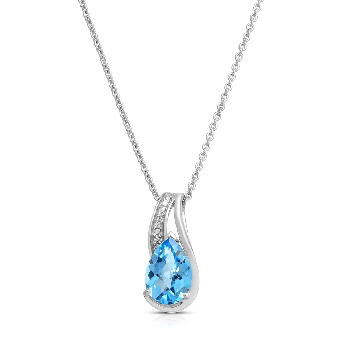 Jewelili Sterling Silver Blue Topaz Pear with Diamond Pendant, Necklace and Earrings Box Set – close-up detail in blue