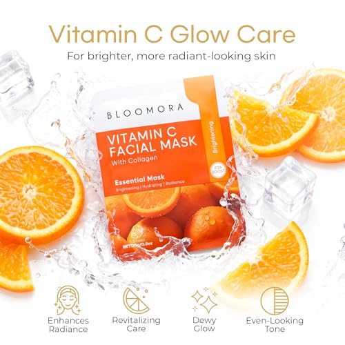BLOOMORA 10 Pack Vitamin C + Collagen Face Mask Set, Vitamin C - Product Imagery