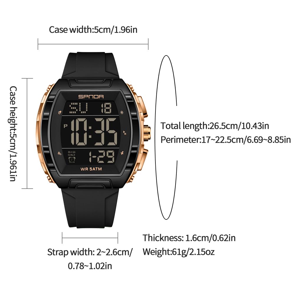 PASOY Men's Tactical Digital Sport Watch Silicone Strap – back view and specifications