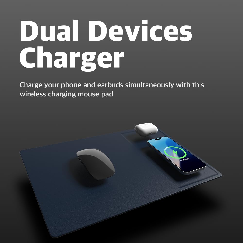 POUT H3 PRO Dual Qi Wireless Charging Mouse Pad – Dual Fast Wireless Chargers for Smartphones and Earbuds – Smooth Surfa