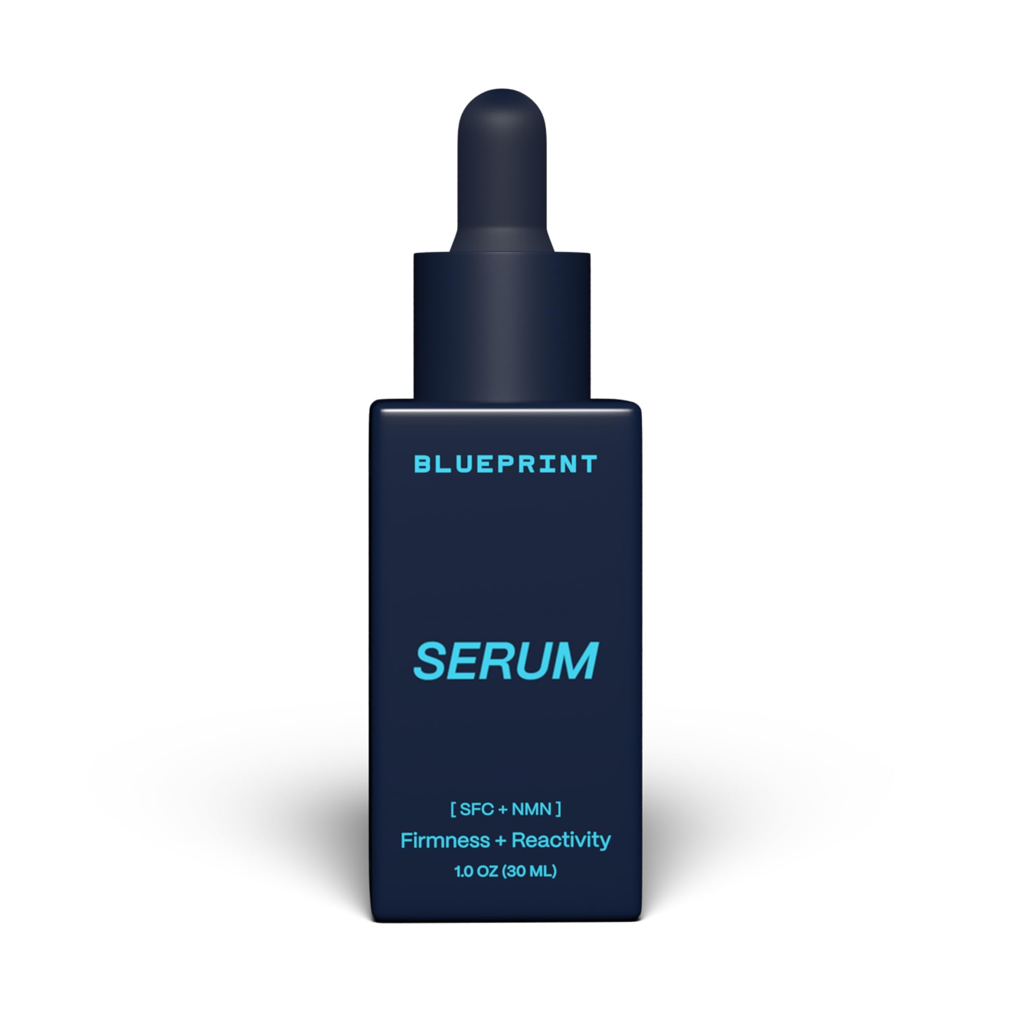 Blueprint Bryan Johnson Facial Serum SFC and NMN in a 1oz bottle, featuring a clear glass container with a pump dispenser.