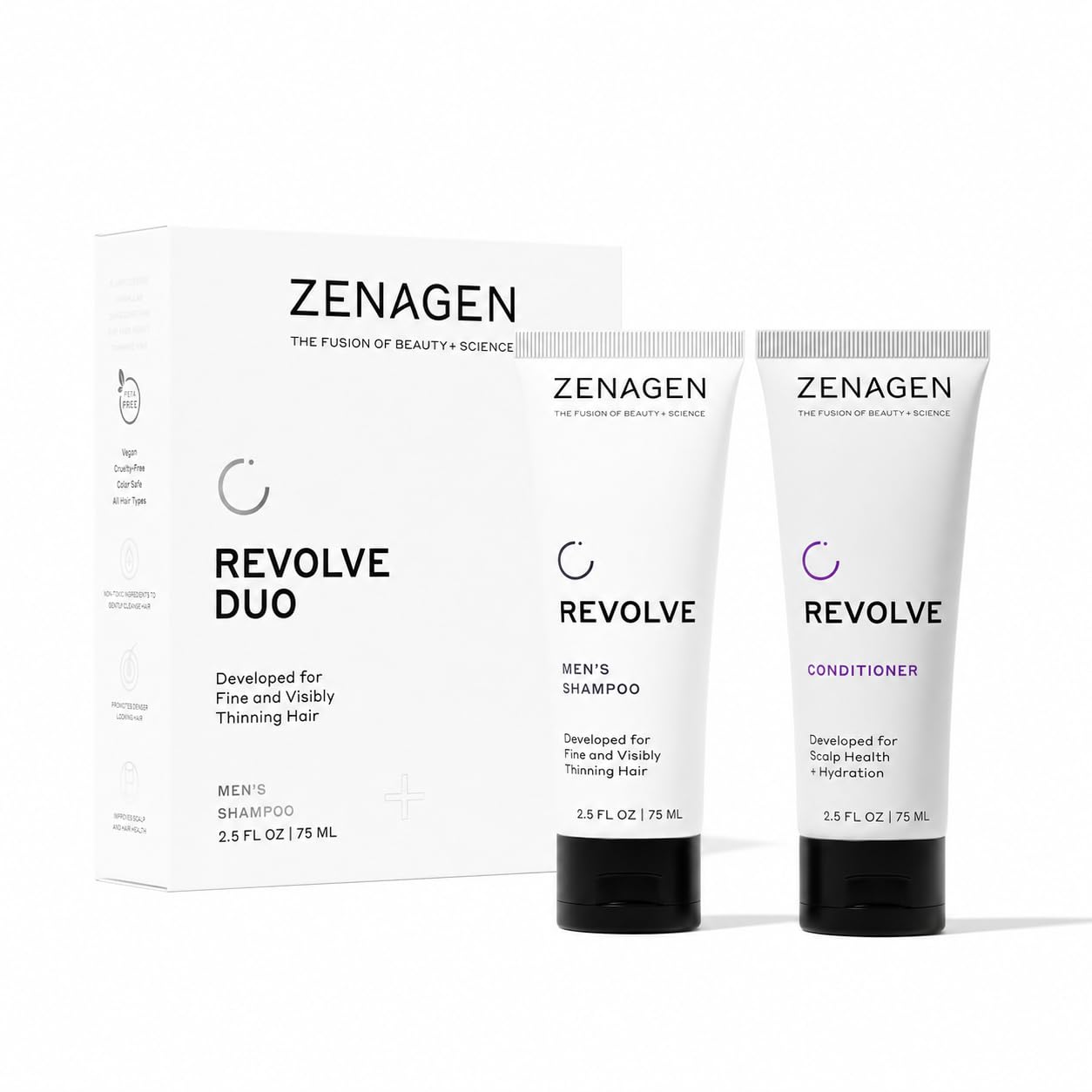 Zenagen Revolve Women's Travel Duo for fine and thinning hair, topical hair regrowth treatment bottles, 2.5 fl oz each.