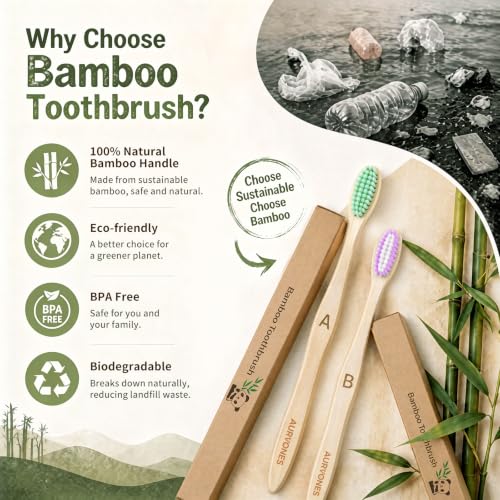 Bamboo Toothbrushes Soft Bristles, 10 Pack Natural Toothbrush - Product Imagery
