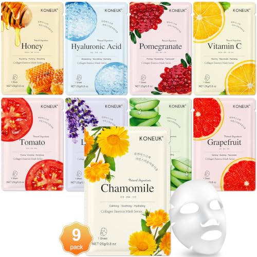 9 Pack Collagen Face Masks Skincare for Women, Hydrating Sheet - Product Imagery
