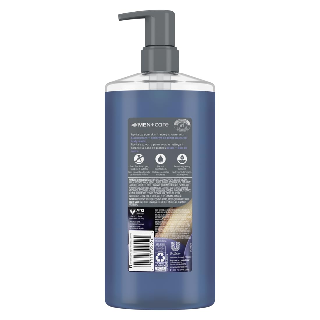 Dove Men+Care Blackcurrant & Cedarwood body wash bottle, 26oz, with blackcurrant and cedarwood scent, shown in a bathroom setting.