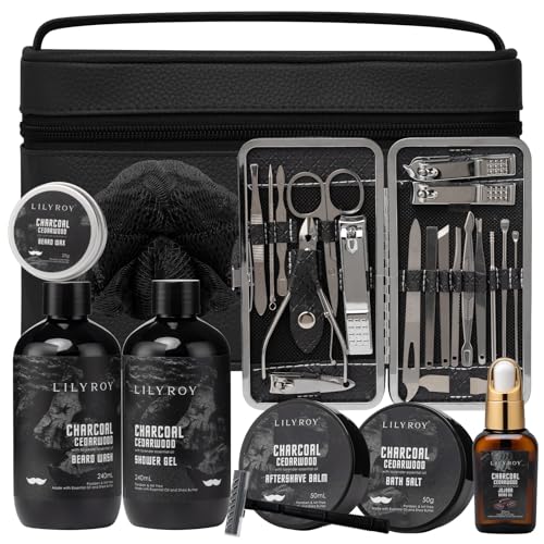 LILY ROY Fathers Day Spa Gifts for Men - Bath and Beard Gift Set for Men & Dad – Charcoal Cedarwood