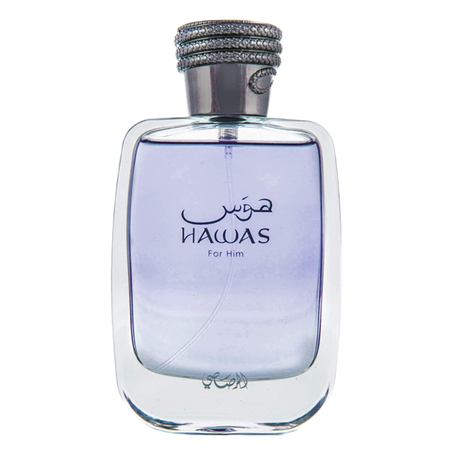 Rasasi Hawas for Men EDP spray 100ml, bold Arabian fragrance bottle with intricate design and navy blue accents.