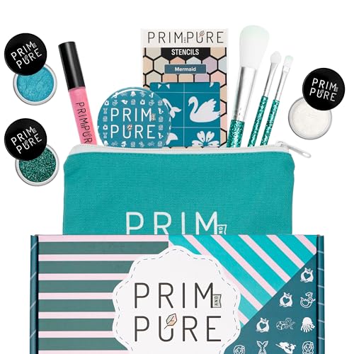 Prim and Pure Kids Makeup Gift Set - Stencil, Makeup Eyeshadow Bioglitter Lip Gloss and Cosmetic Bag Mirror Makeup Brush