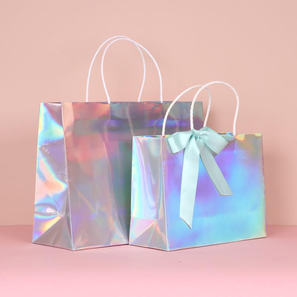 PAPERIST 5pcs 15.7x5.5x11.8 (3) Large, Holographic Silver Coating Gift Bags with Premium White Handles, Glossy Laminated