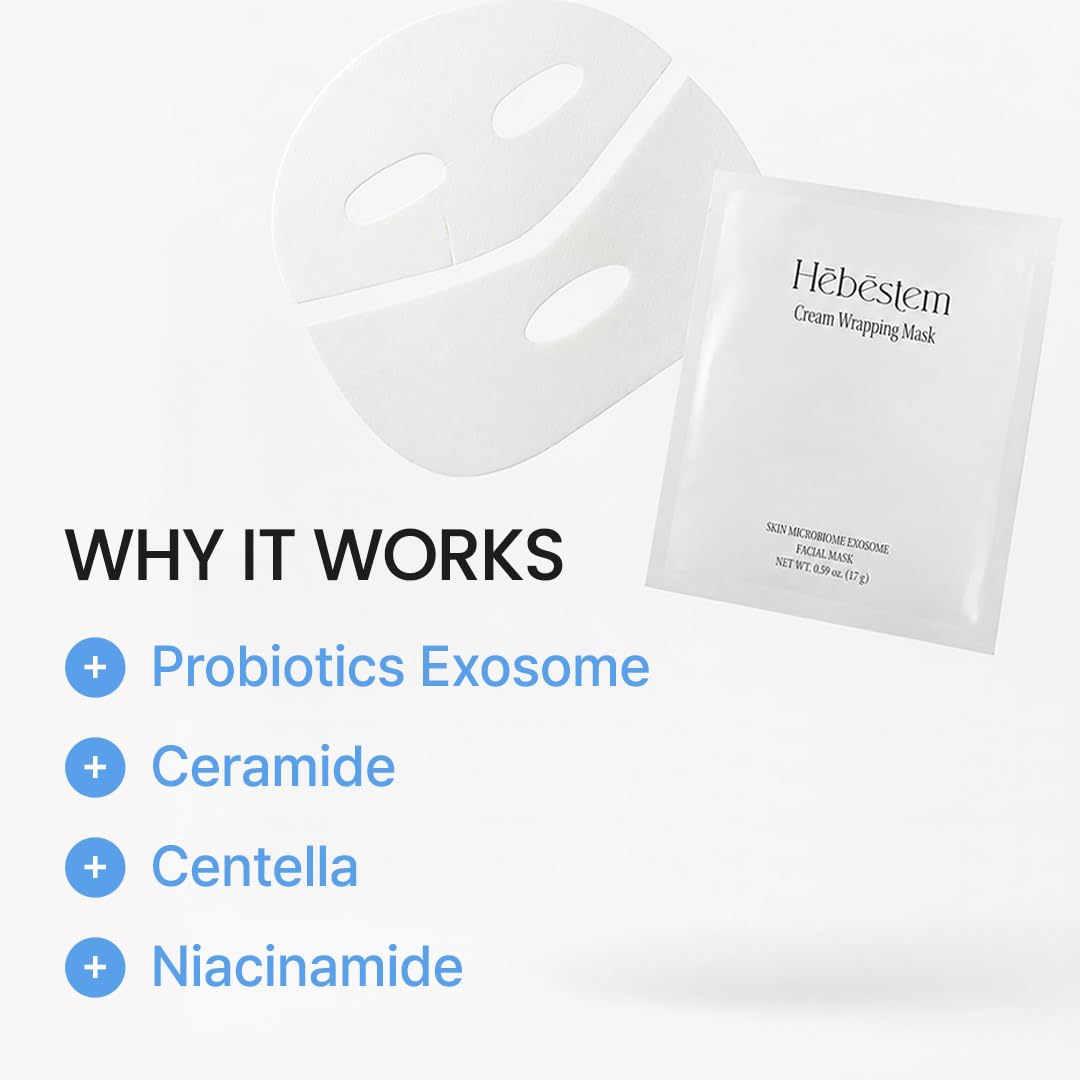 Hebestem Cream Wrapping Sheet Mask with Probiotic Exosome | 0.59 oz x 5 Pack, Hydrating Face Mask, Non-Sticky Sheet, Ela
