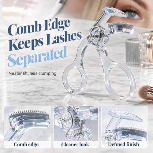 Wide-Angle Frameless Eyelash Curler with Comb, Clear - Product Imagery