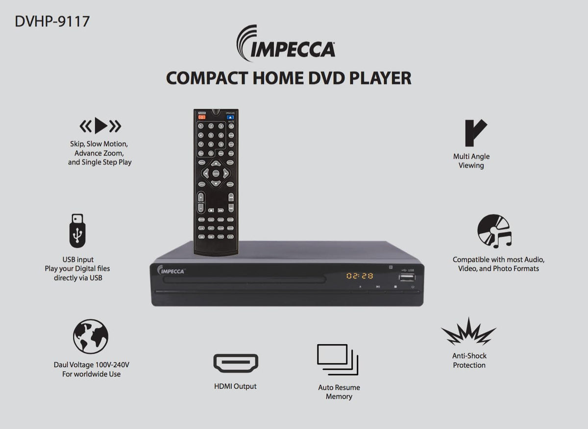 Impecca DVD Player for TV Multi-Region HDMI, RCA AV Cable, USB, CD MP3 Playback, with Remote Compact HDMI DVD Player, Pr