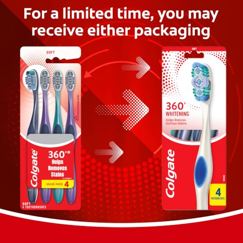 Colgate 360 Adult Whitening Toothbrushes, Soft, 4 Pack - Product Imagery