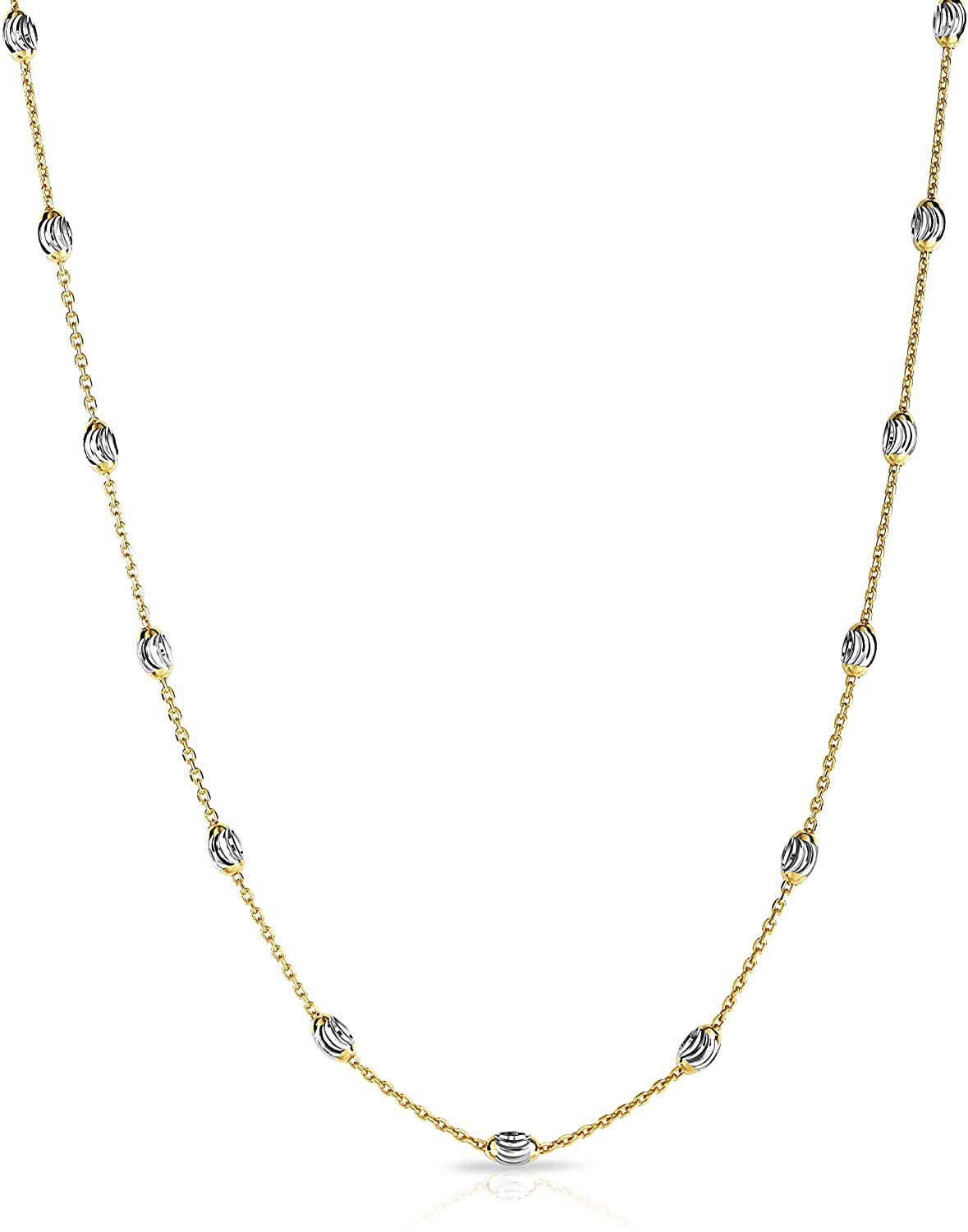 Savlano 18K Gold Plated Over 925 Sterling Silver Station Oval Moon Bead Necklace Chain For Women. Silver, Gold, Rose Gol
