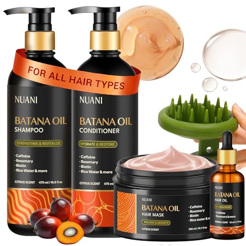 Nuani Batana Oil Shampoo and Conditioner Set (16 fl oz / 470 ml) with Rosemary & Caffeine | Includes Deep Mask, Hair Oil