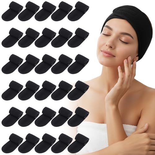 Xaajooio 30 Pack Spa Headband Adjustable Facial Head Wrap for Women Black Hair Band for Makeup, Washing, Shower, Yoga, a