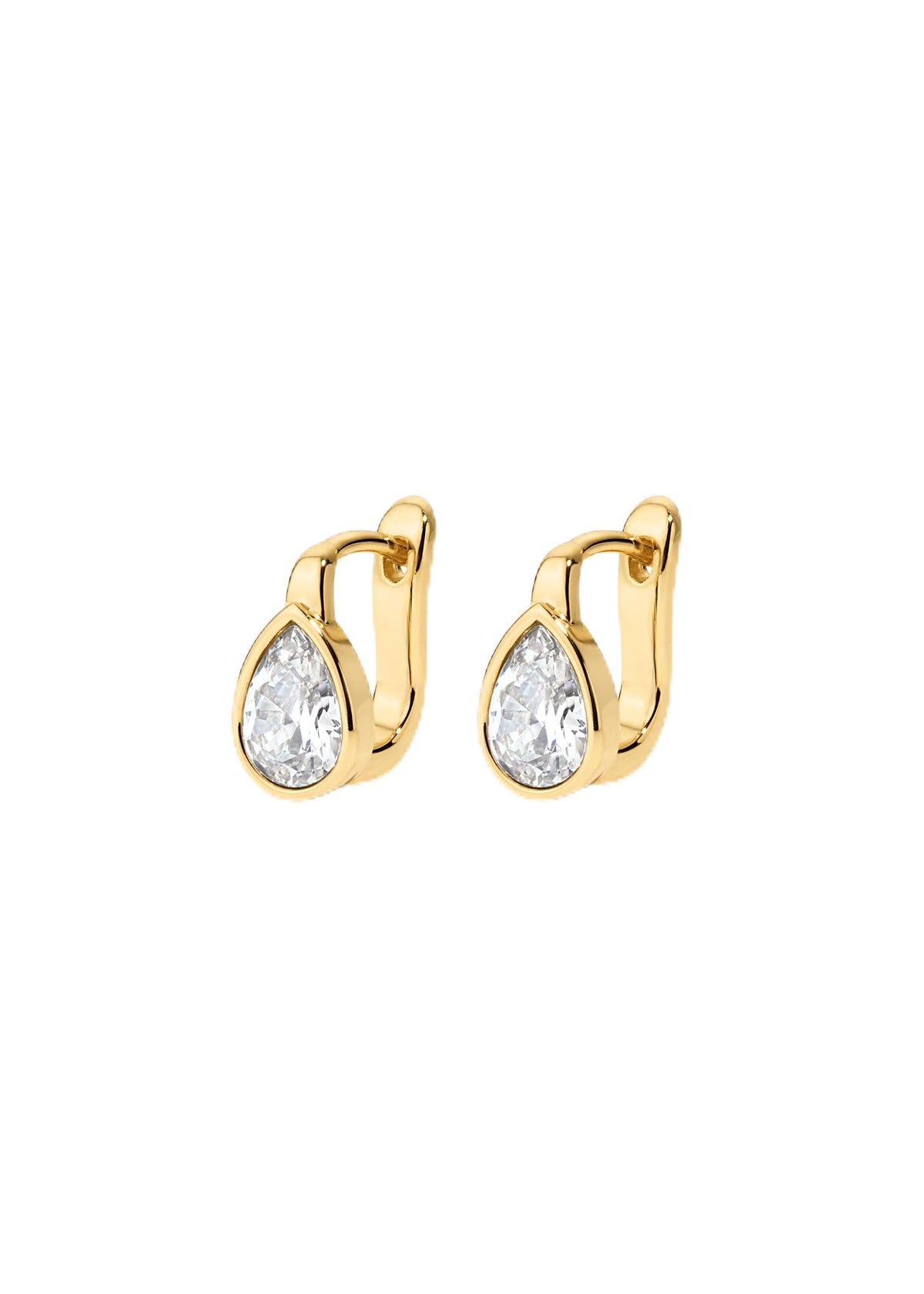 Electric Picks Relic Huggie Earrings, Gold Huggie Hoops with Pear Crystal – product photo (Hoop)