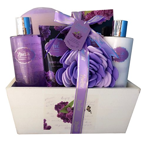 LOVESTEE Spa Gift Basket with Lavender Fragrance and Lilac Color - Bath and Body Set Includes Shower Gel, Body Lotion, H
