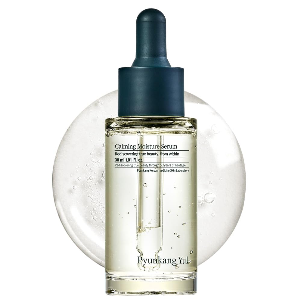 Pyunkang Yul Calming Moisture Serum with Centella Asiatica, Tea Tree, hyaluronic acids, and ceramide for skin hydration and soothing.