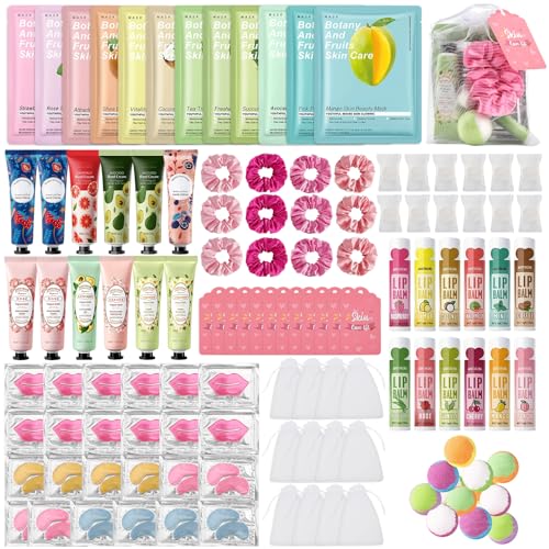 Jutqut 120PCS Spa Party Supplies for Girls, Include Facial Masks, Lip Mask, Under Eye Patches, Lip Balm, Foot Bath Bombs