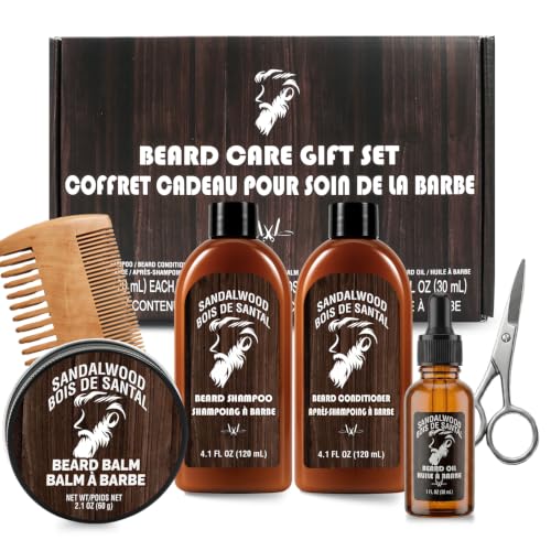 Rinse & Robust Beard Care Kit for Men, 6 PCS Sandalwood Scent Boyfriend Birthday Gifts for Him, Beard Shampoo, Condition